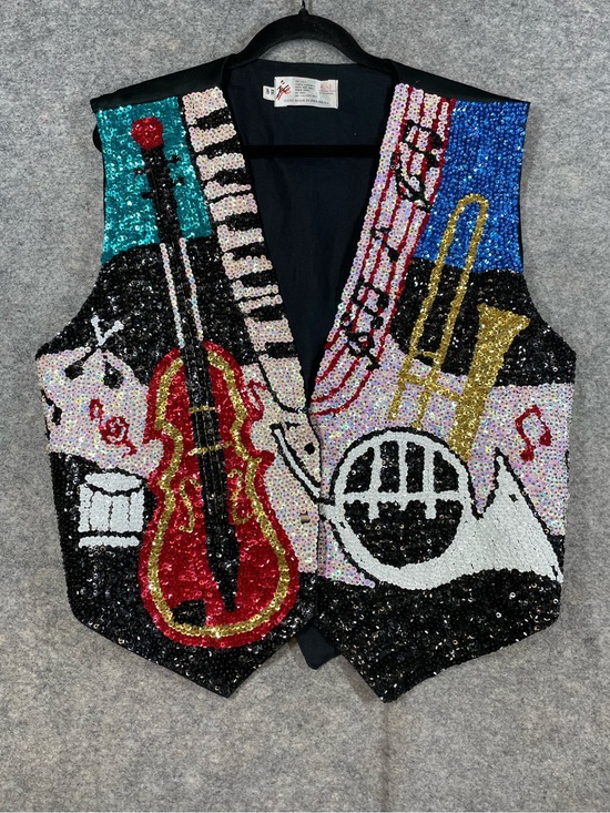 Jackets & Blazers - Vintage Sequin Music Vest Black Large Guitar Piano Jazz Novelty Statement Artsy